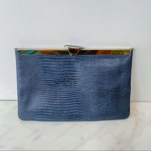 Vintage 70s Etra Envelope Clutch with Shoulder Chain Genuine Scaled Leather Navy